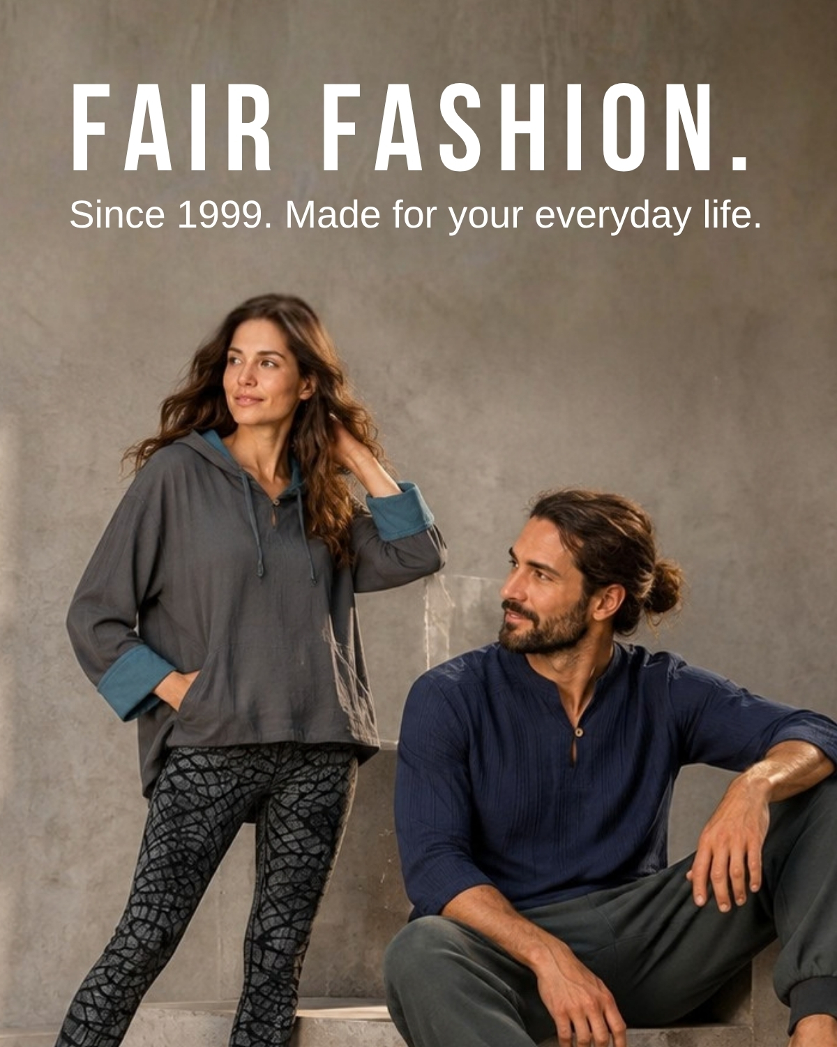 Two models in fair fashion: woman in a hooded top and patterned leggings, man in a dark blue long-sleeved top and trousers
