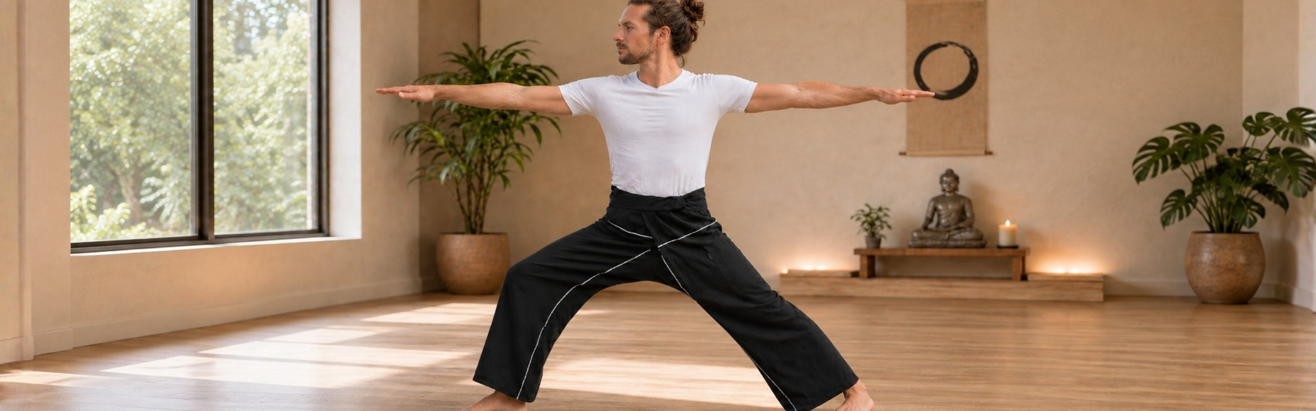 Mann trägt eine schwarze Herren-Yogahose und übt eine stehende Yoga-Pose in einem ruhigen, hellen Studio