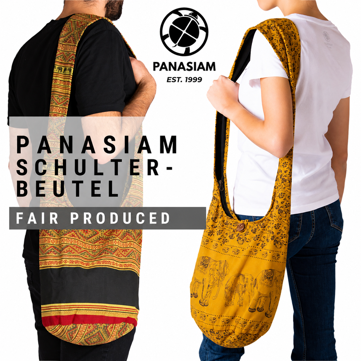 PANASIAM Schulterbeutel Elefant als Ethno-Umhängetasche mit großem Stauraum, Reißverschluss, Holzknopf und Elefantenmuster, getragen von Frau und Mann.