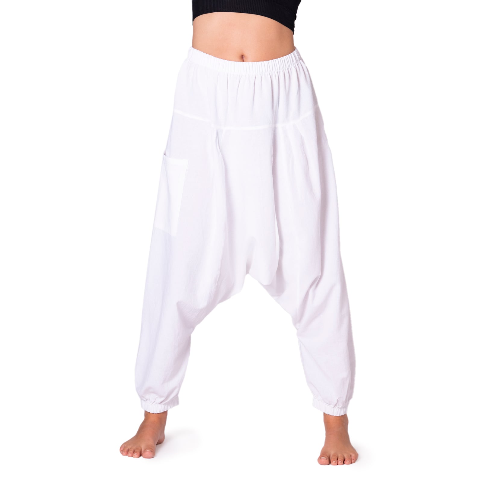 Weiße Aladinhose aus leichter Baumwolle mit tiefem Schritt, elastischem Bund und Bündchen an den Knöcheln, einfarbiges Design, lässiger Unisex-Stil für Yoga, Freizeit und Sommer