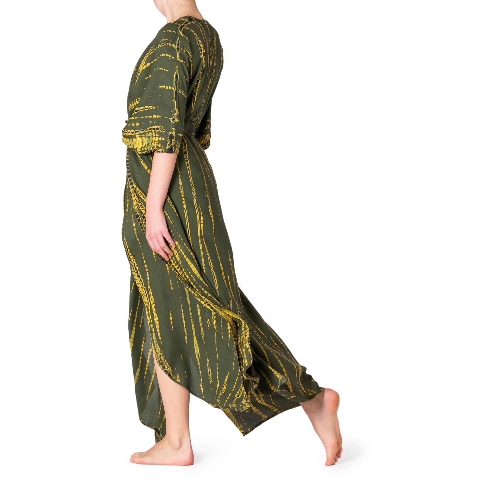 Tie-Dye Kimono in olivgrün gelb an der Seite