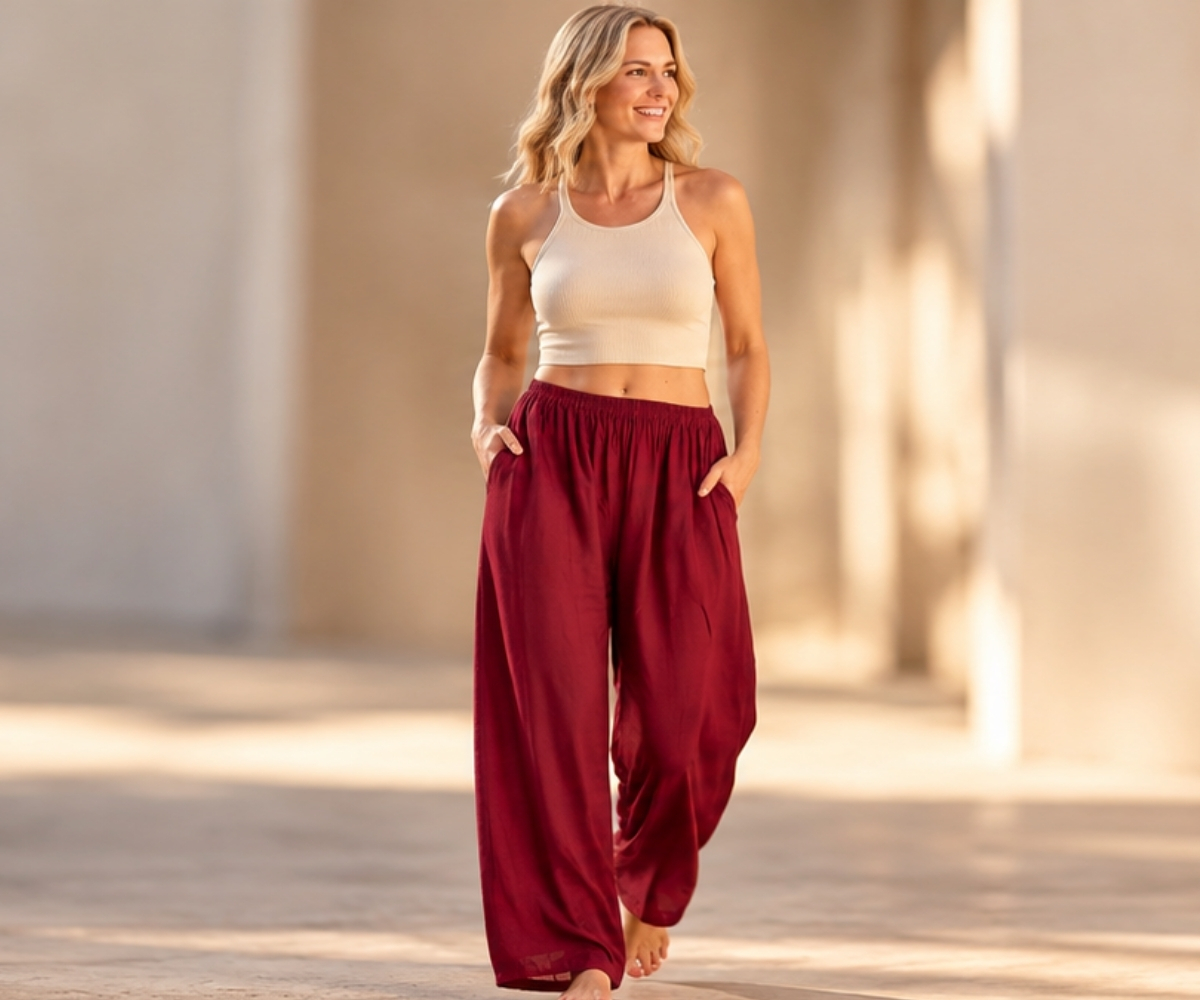 Barefoot model wearing women's burgundy wide-leg trousers with an elasticated waistband and a cream crop top