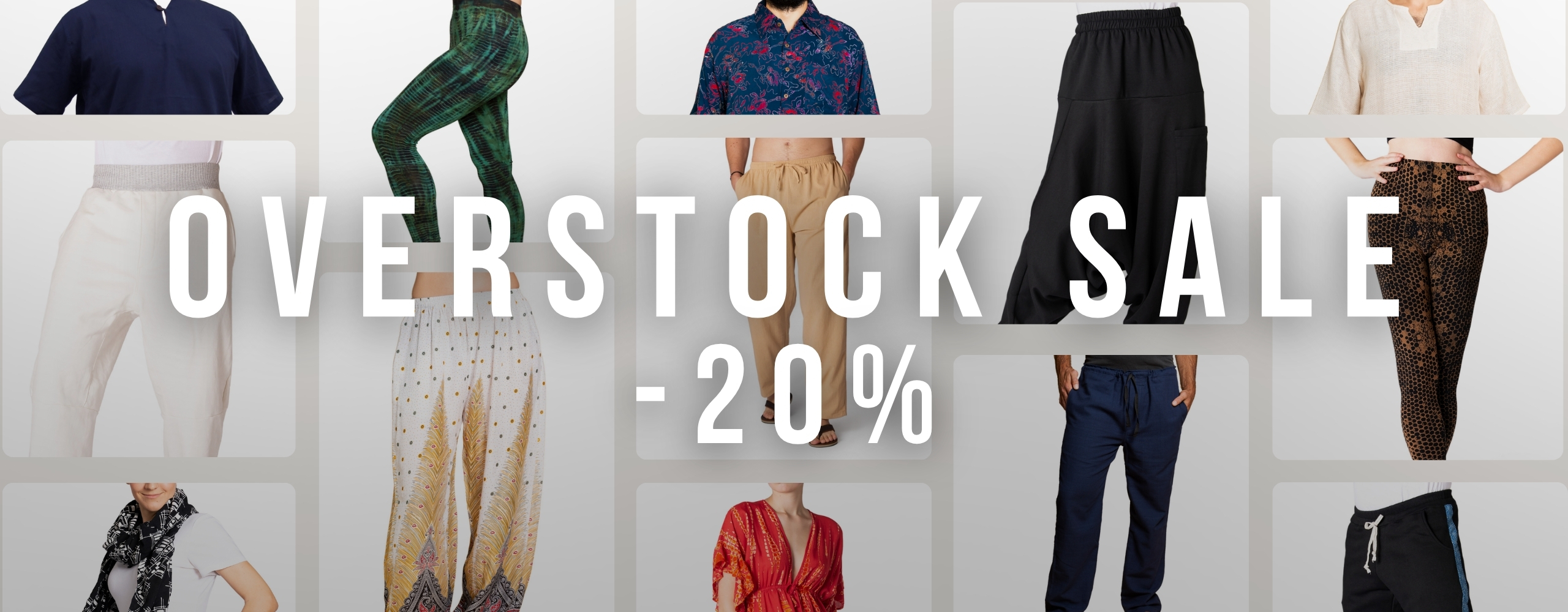 Collage mit Damen- und Herrenmode im Overstock Sale: Hosen, Leggings, Shirts und Oberteile mit -20% Rabatt