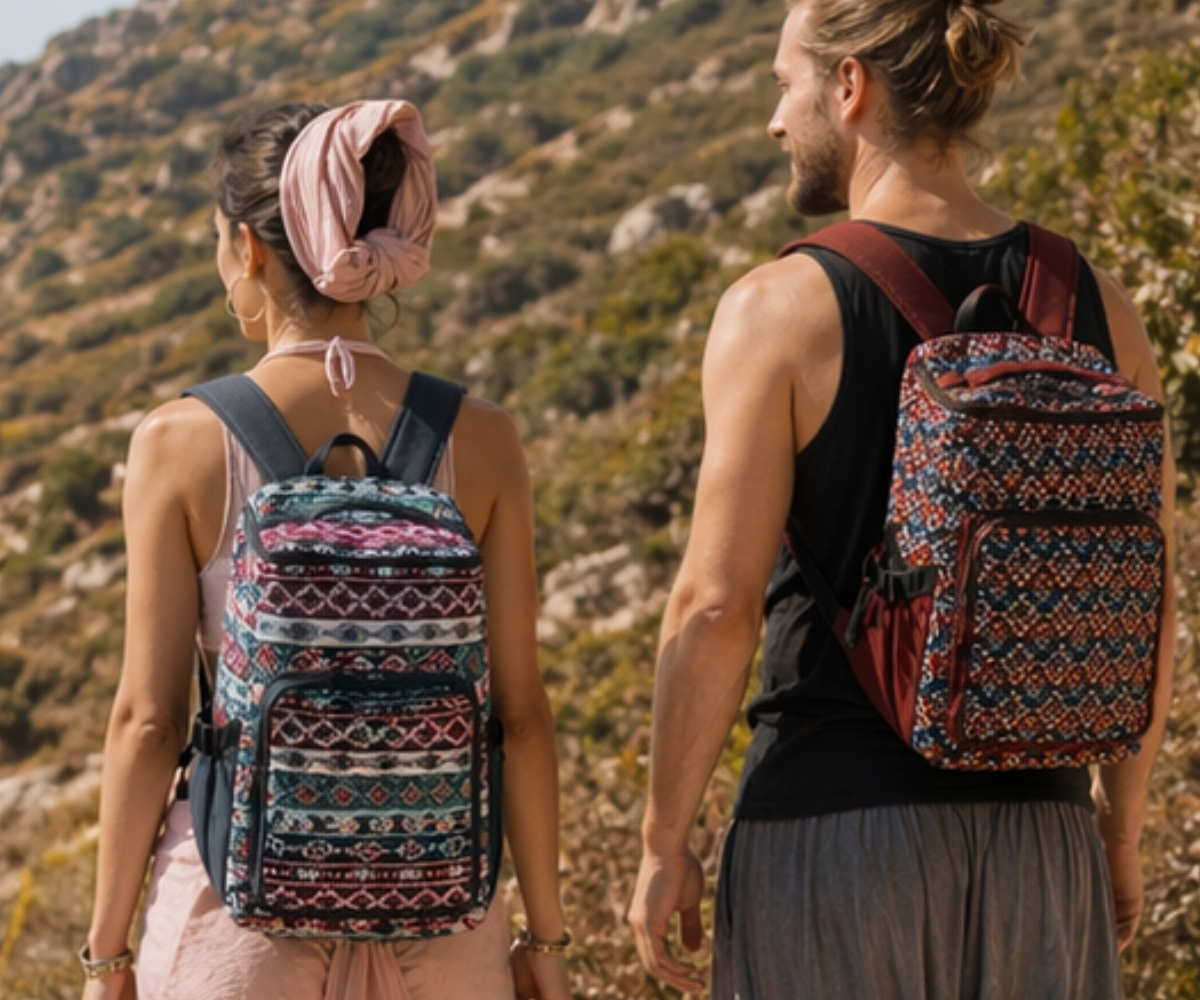 Two hikers wearing colourful boho backpacks with ethnic pattern on a mountain trail