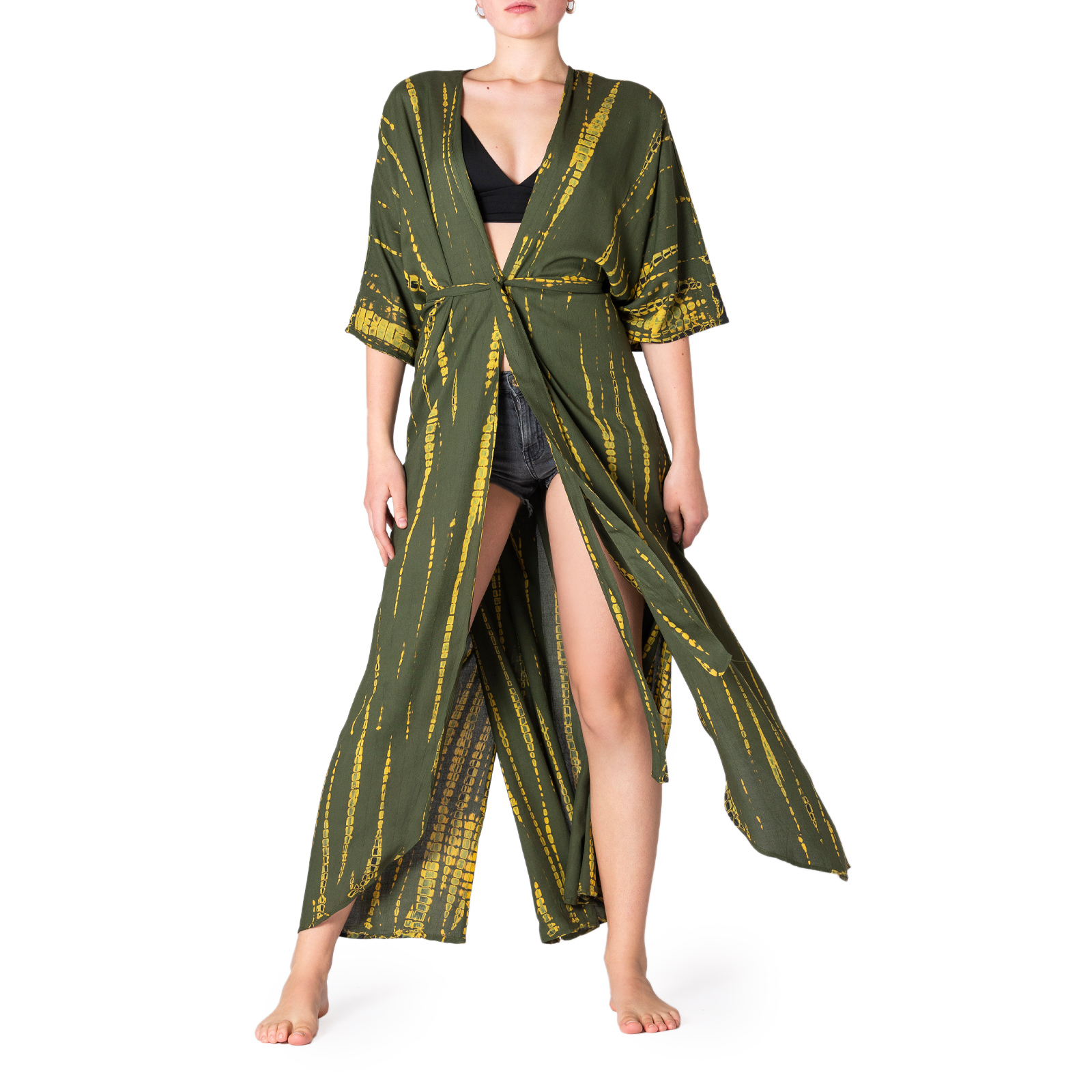 Tie-Dye Kimono in olivgrün gelb von vorne