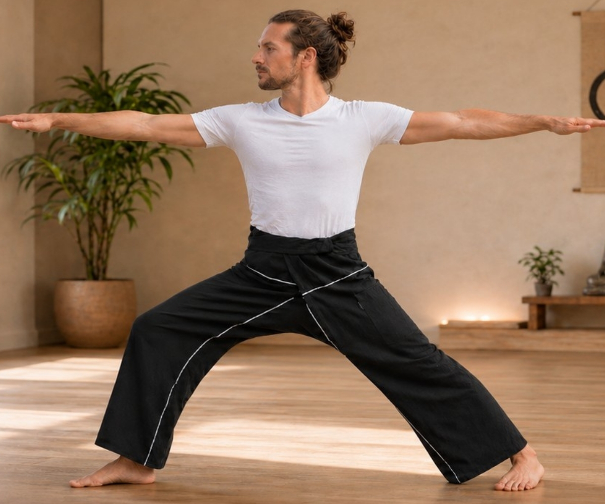 Mann trägt eine schwarze Herren-Yogahose mit weitem Bein und übt eine Yoga-Pose im Studio