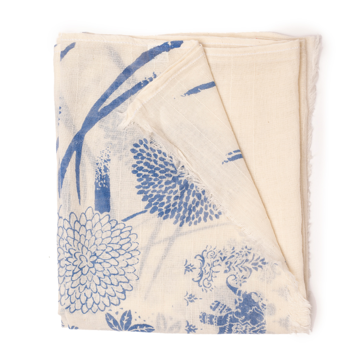 Schal Halstuch weiß Print Elefant und Chrysantheme blau