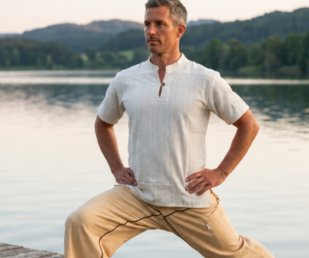 Man wearing a natural white men's short-sleeve shirt with stand collar and beige trousers by the lake