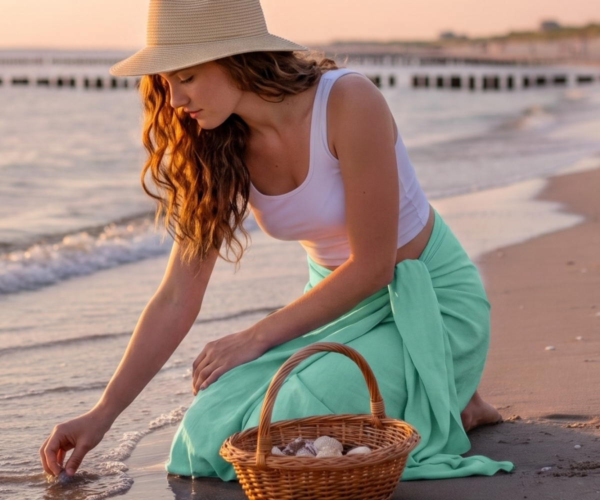Frau mit beigem Sommerhut und mintgrünem Strandtuch sammelt Muscheln am Strand bei Sonnenuntergang