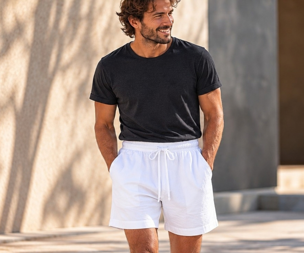 Man wearing a black T-shirt and white shorts with an elasticated waistband and drawstring in a summer casual look