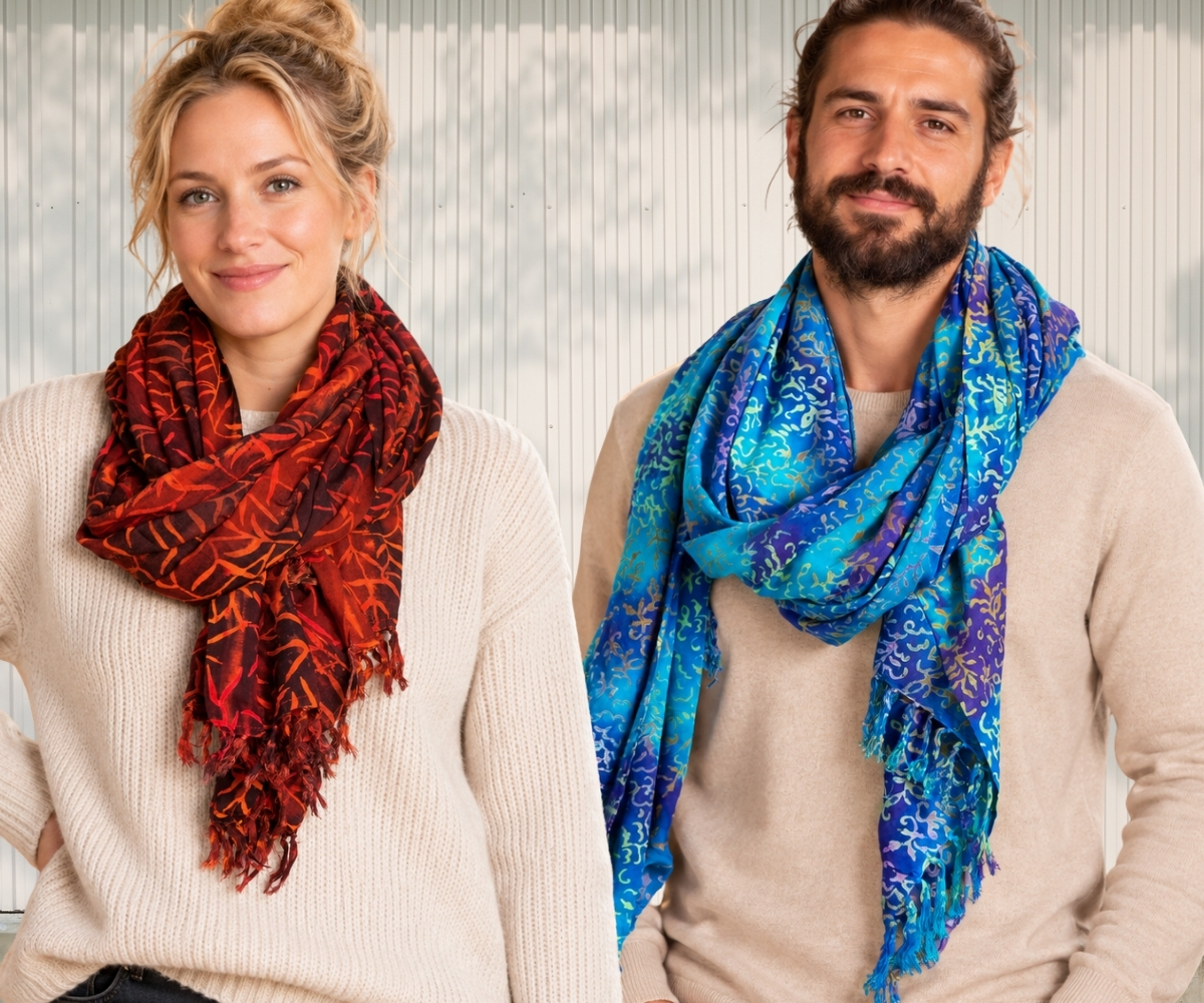 Woman and man wearing patterned scarves with fringes in red and blue tones as a fashion accessory