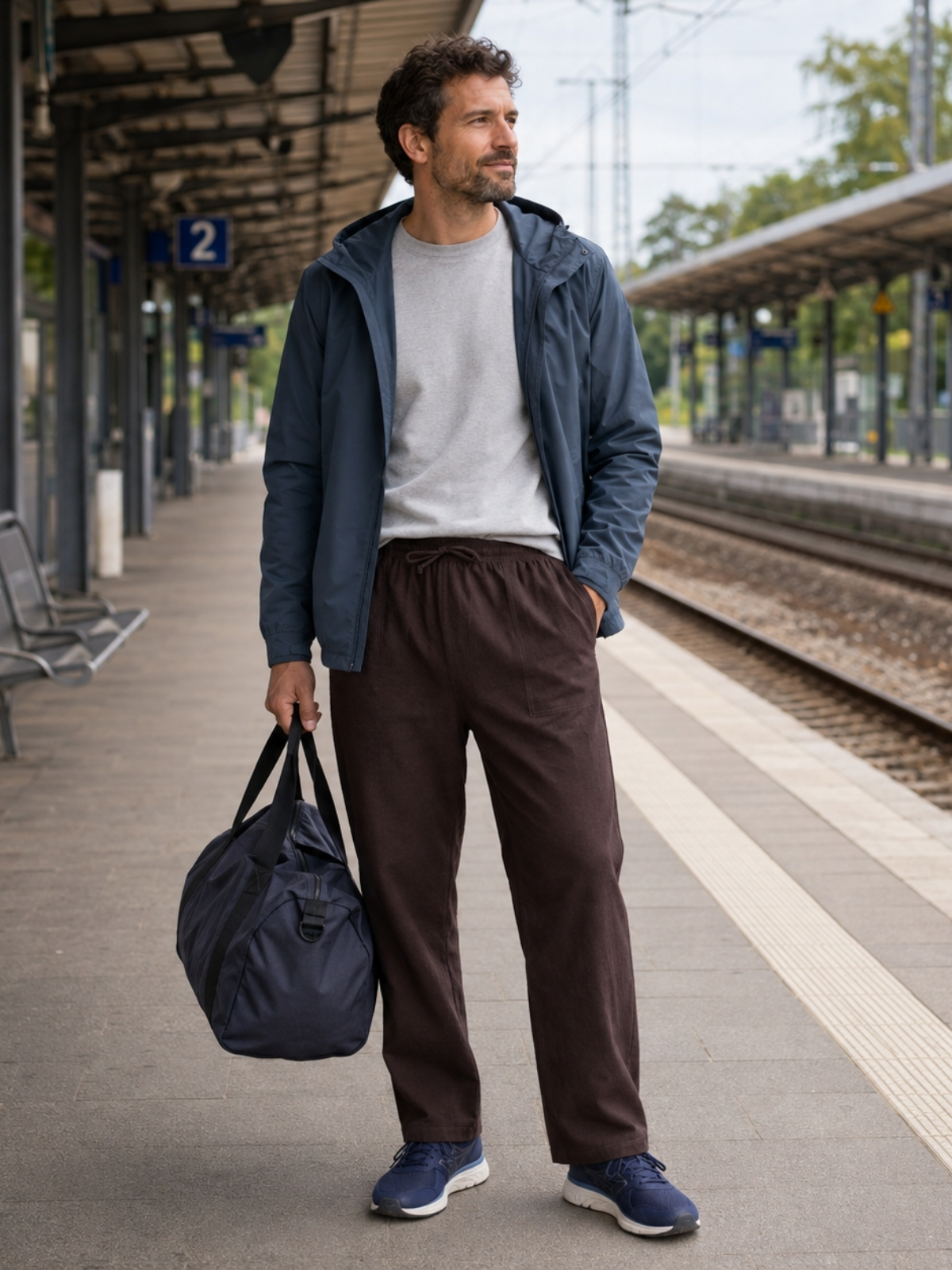 Mann mit leichter Herren-Kapuzenjacke, Sweatshirt, Hose und Reisetasche auf einem Bahnsteig