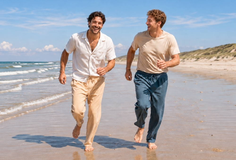 Zwei Männer laufen barfuß lachend am Strand und präsentieren luftige Herren Sommermode mit Leinenhemd, T-Shirt und lockeren Hosen.