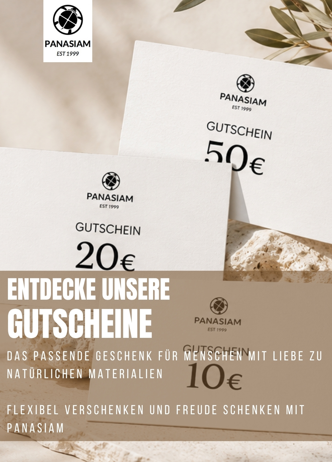 Drei PANASIAM Geschenkgutscheine über 10€, 20€ und 50€ in natürlicher, stilvoller Präsentation als flexibles Geschenk