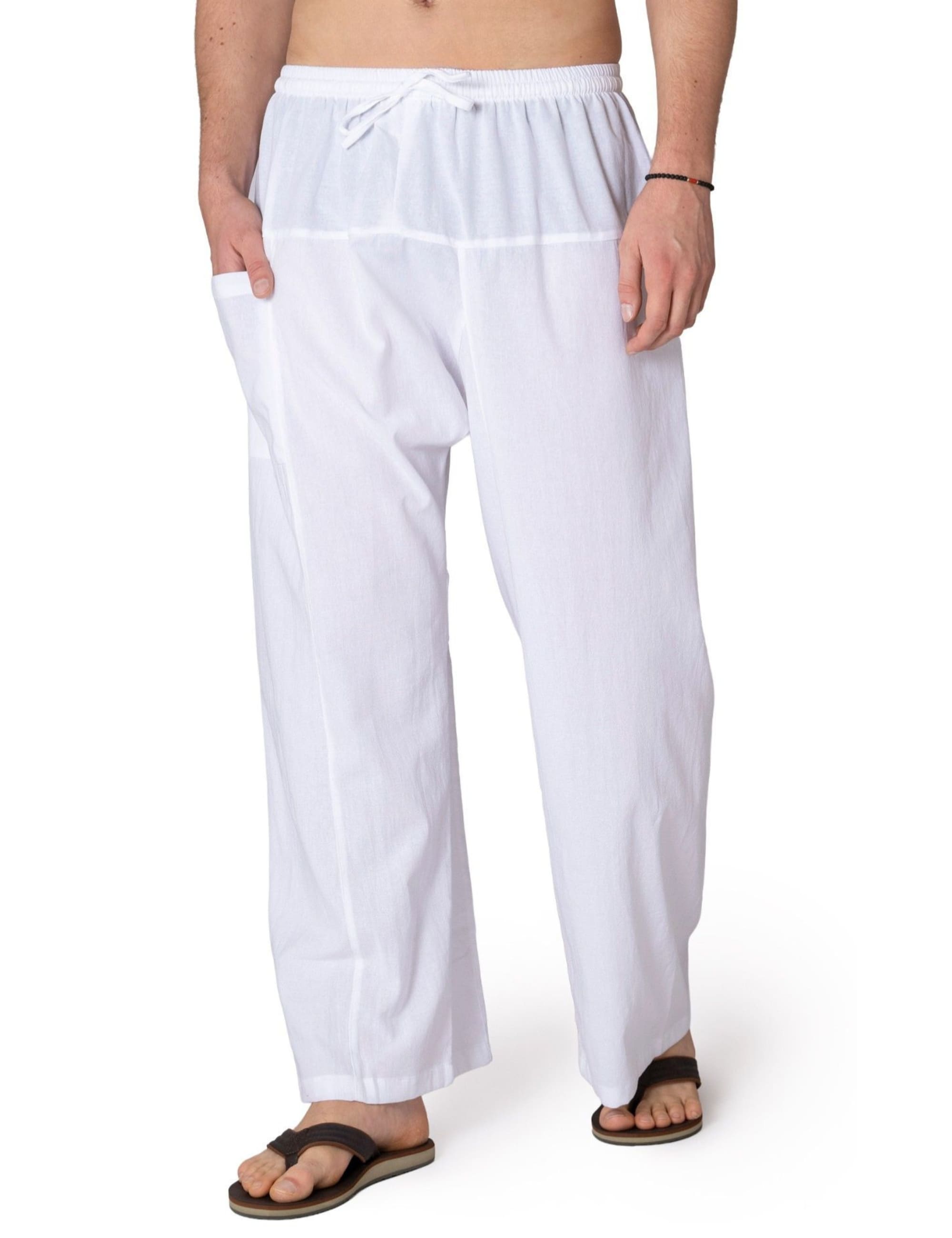 Weiße Fischerhose für Herren aus 100 % Baumwolle mit elastischem Gummibund und Kordelzug, weiter gerader Schnitt im Fischerhosen-Stil, bequeme Schlupfhose mit Tasche