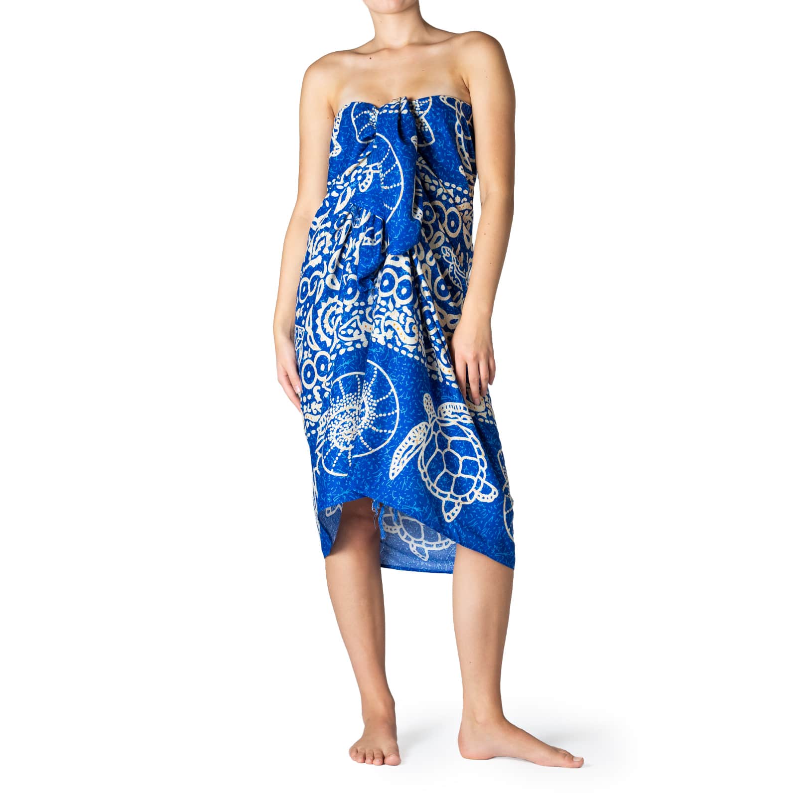 Sarong Atlantic, Pareo bikini cover-up, blau, als Kleid gewickelt, komprimiertes Bild