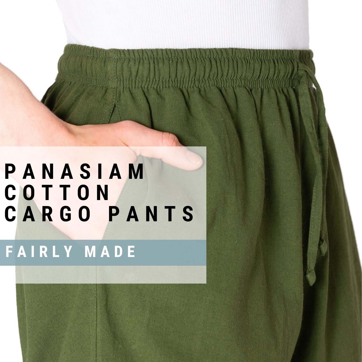 Nahaufnahme der grünen PANASIAM Cargohose aus Baumwolle mit elastischem Bund und Taschen, bequem für Damen und Herren, ideal für Yoga, Freizeit und Reisen.