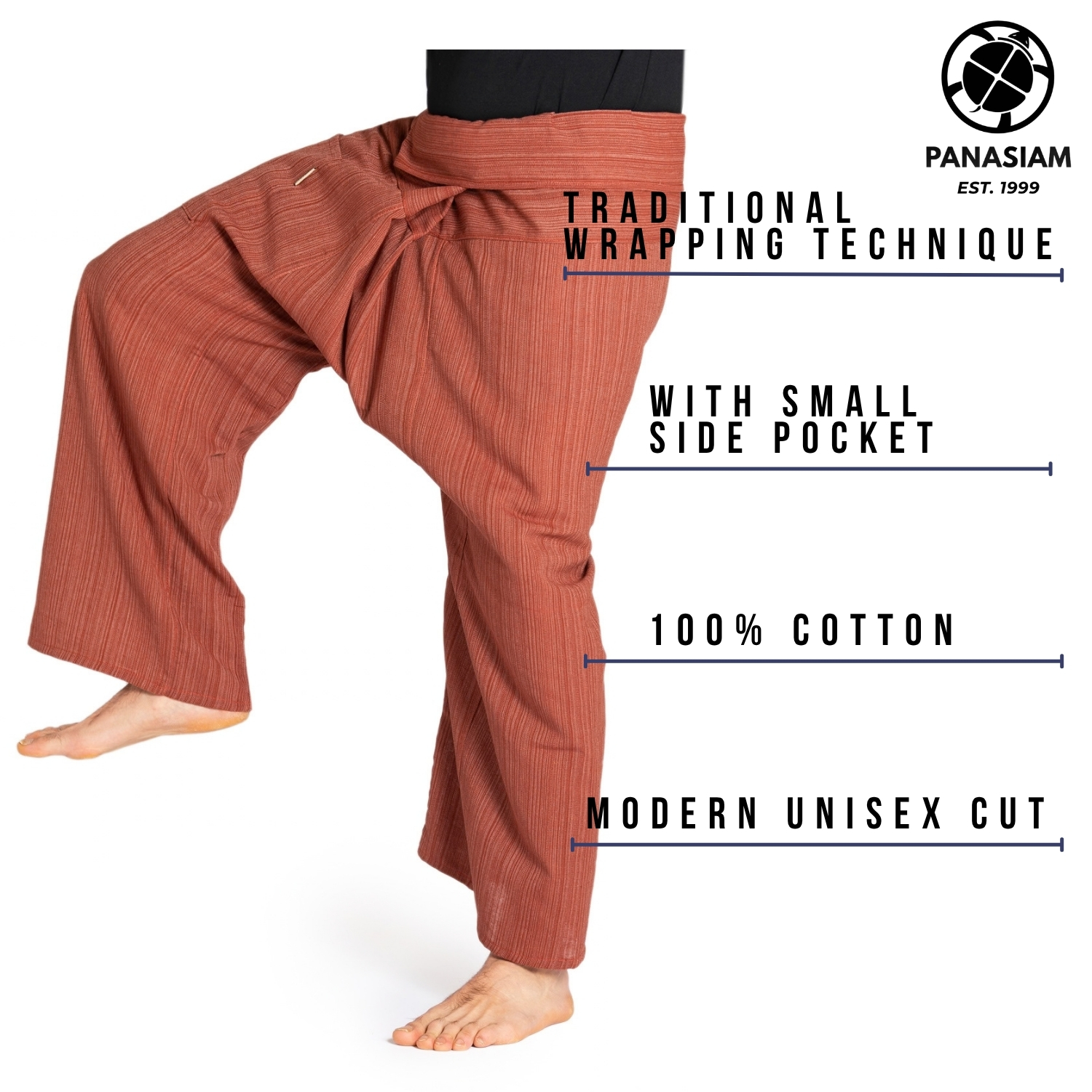 Thai Fischerhose Lini von PANASIAM in Rostrot, Unisex-Wickelhose aus 100 % Baumwolle mit traditioneller Wickeltechnik und kleiner Seitentasche