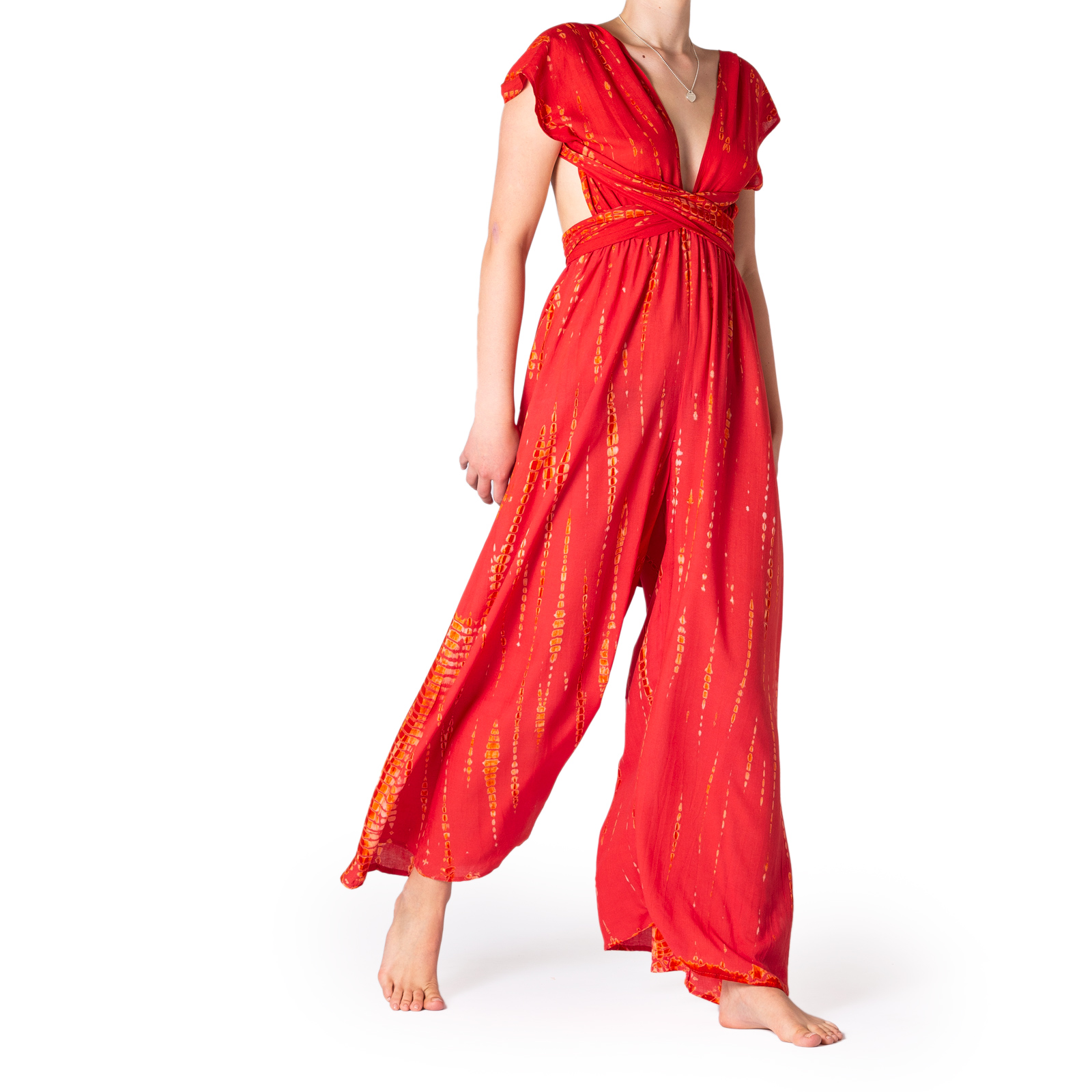 Hosenkleid Tie-Dye in rot orange Bein gehoben