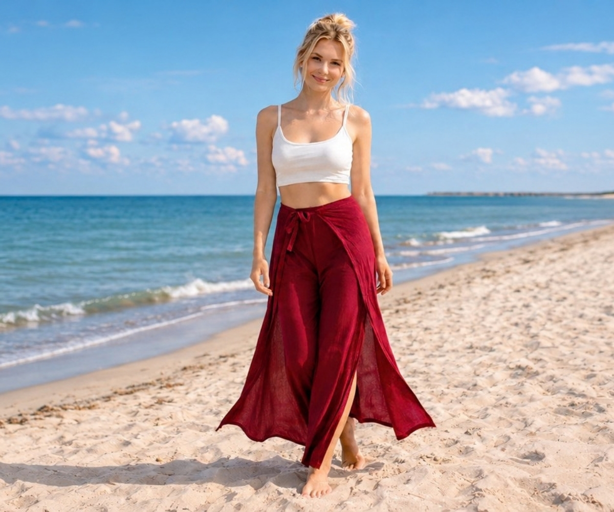 Model trägt eine bordeauxrote Damen-Strandhose mit weitem Bein und Bindebund am Sandstrand