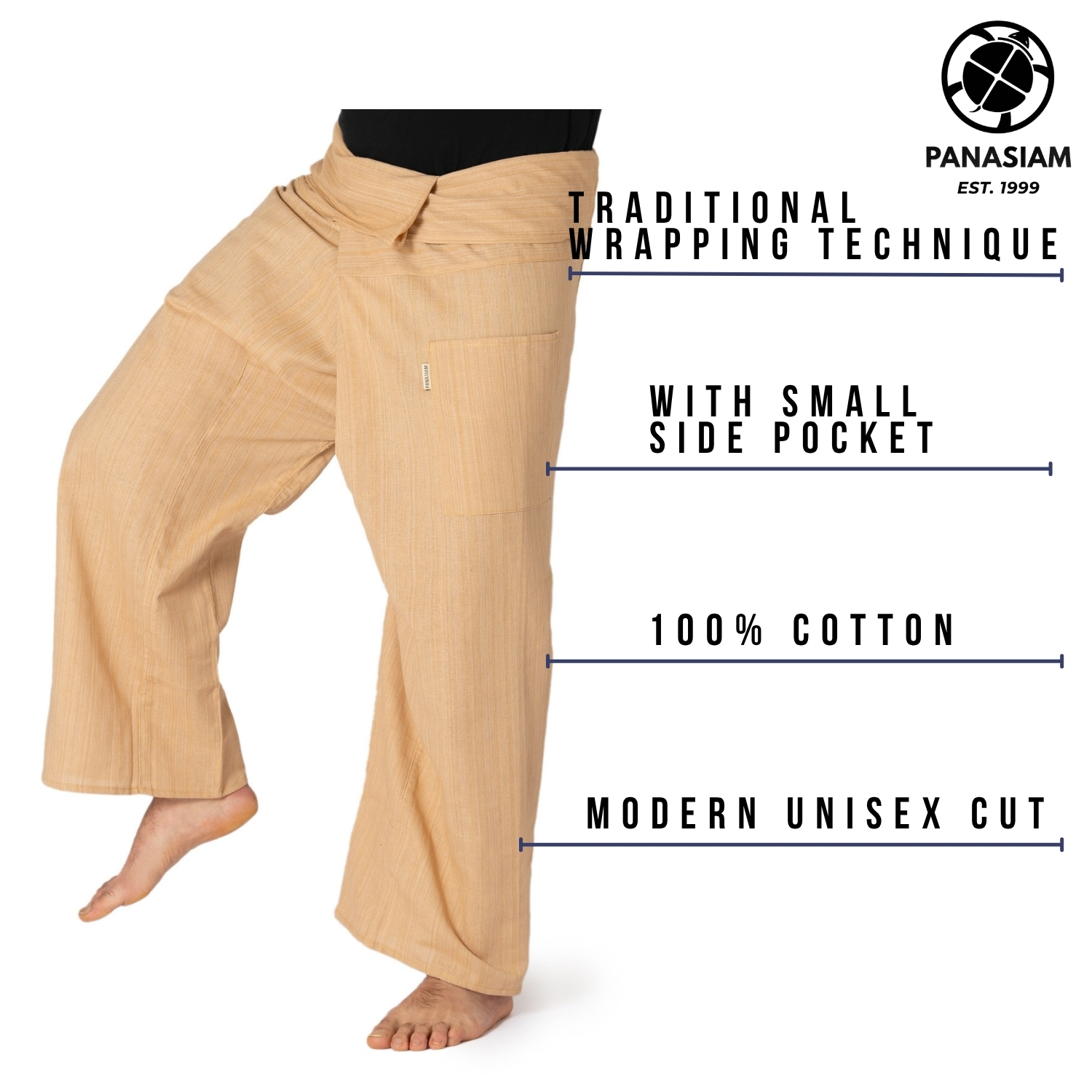 Beige Thai Fischerhose Lini von PANASIAM aus 100% Baumwolle, Unisex-Wickelhose mit traditioneller Wickeltechnik und kleiner Seitentasche, ideal für Yoga, Meditation und Tai Chi.