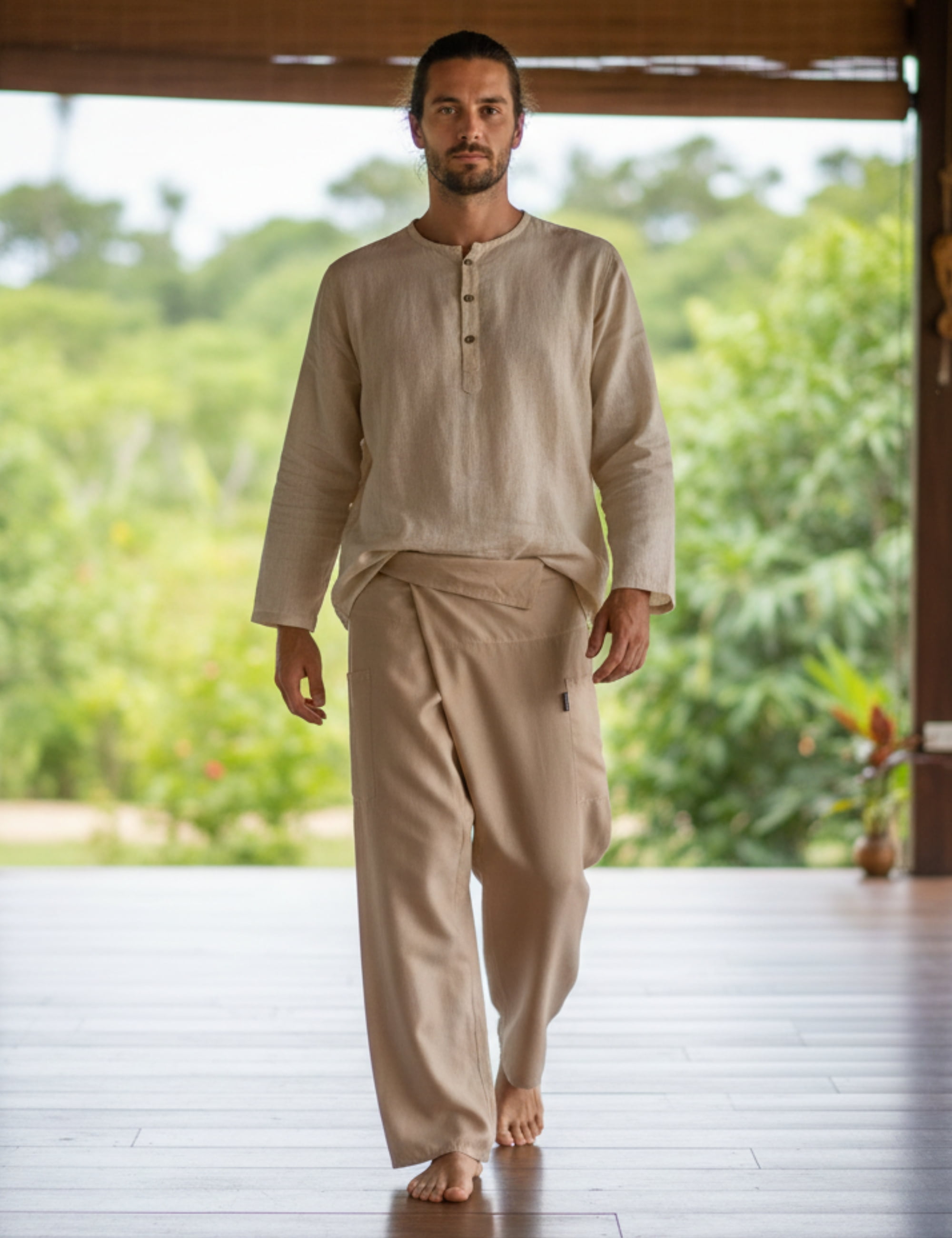 Beige Thai Fischerhose aus 100 % Viskose für Herren, Unisex Wickelhose mit flexiblem Bund, weiter gerader Schnitt, geeignet für Yoga, Meditation und Alltag