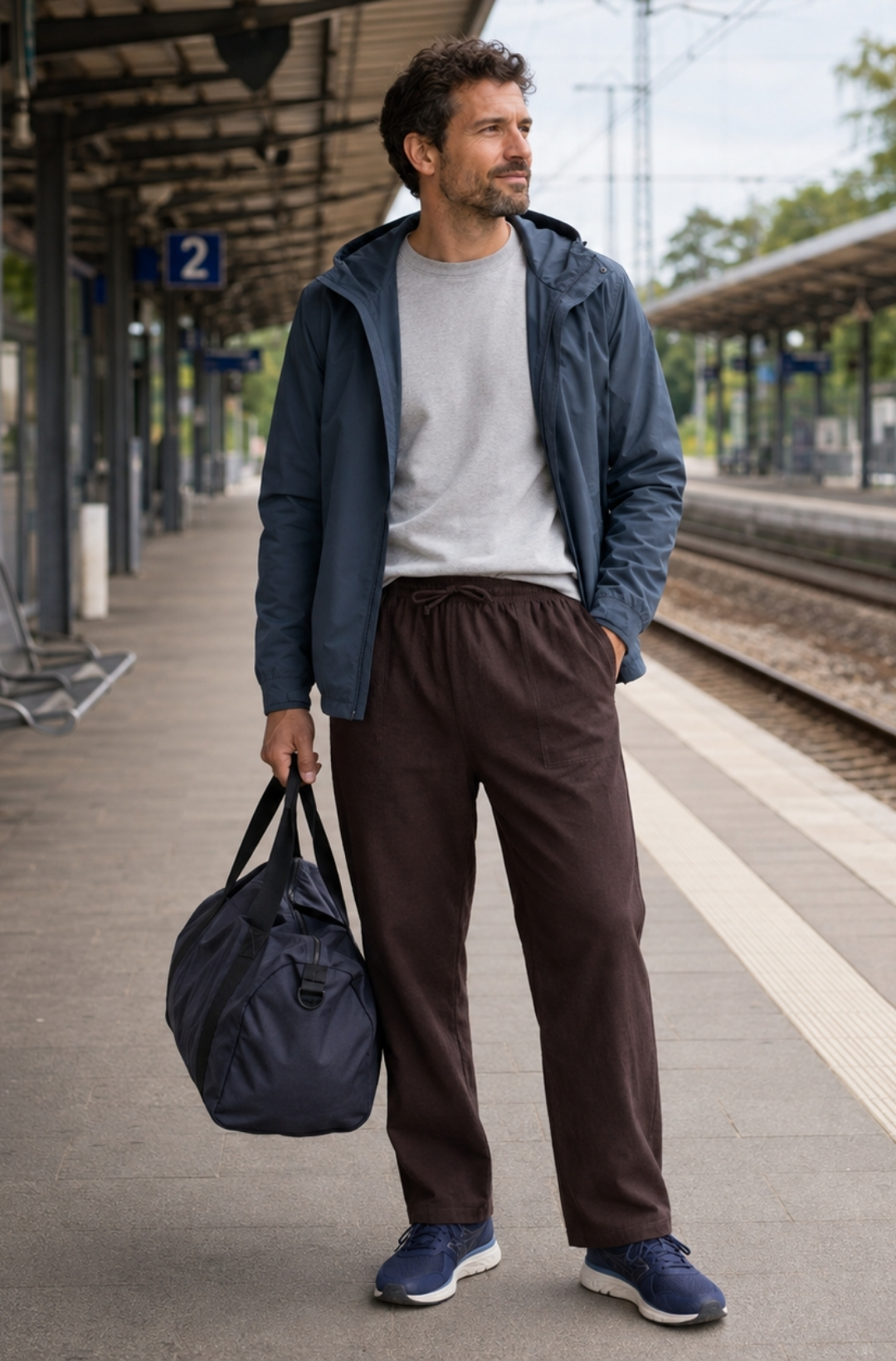 Mann am Bahnsteig trägt eine dunkelblaue Jacke mit grauem Sweatshirt, brauner Freizeithose, Sneakern und Reisetasche