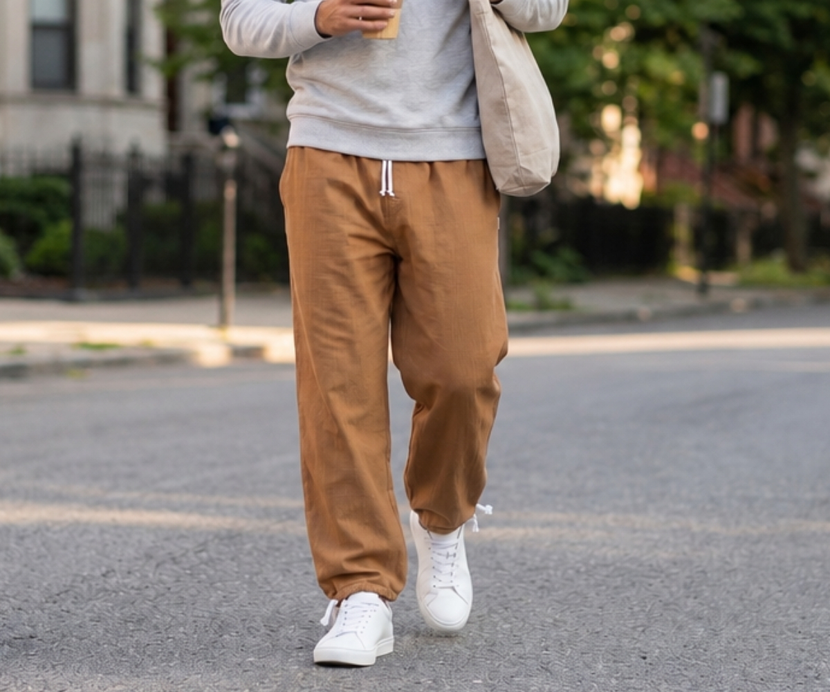 Dame trägt eine beige Jogginghose mit Kordelzug, weißes Sweatshirt und weiße Sneaker beim Gehen auf der Straße