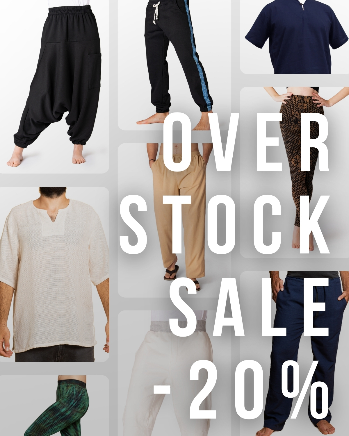 Collage mit Modeartikeln und Text "Overstock Sale -20 %": Hosen, Shirts und Leggings im Angebot