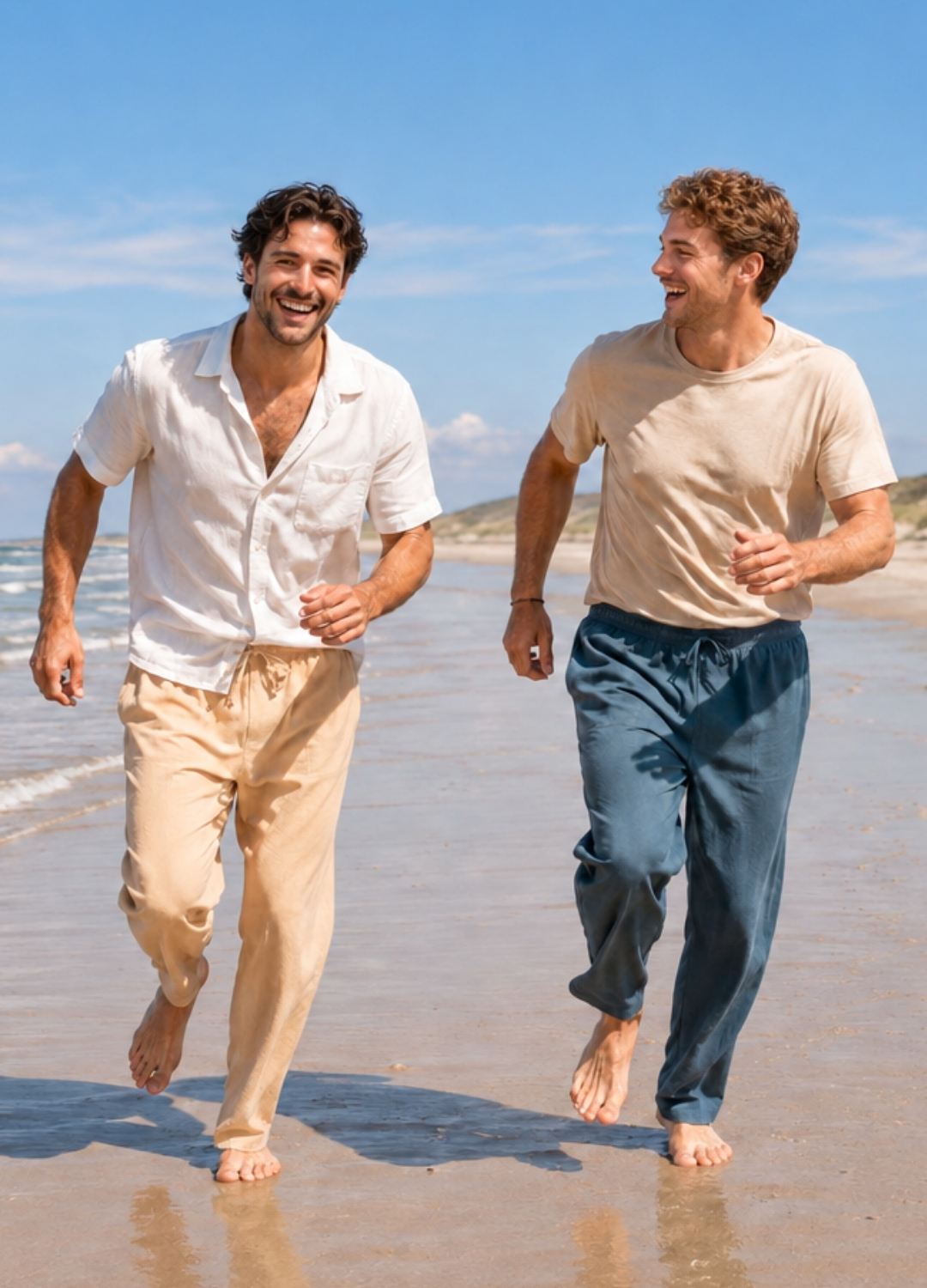 Zwei Männer laufen barfuß lachend am Strand und tragen leichte Herrenmode aus Leinen mit Hemd, T-Shirt und weiten Hosen