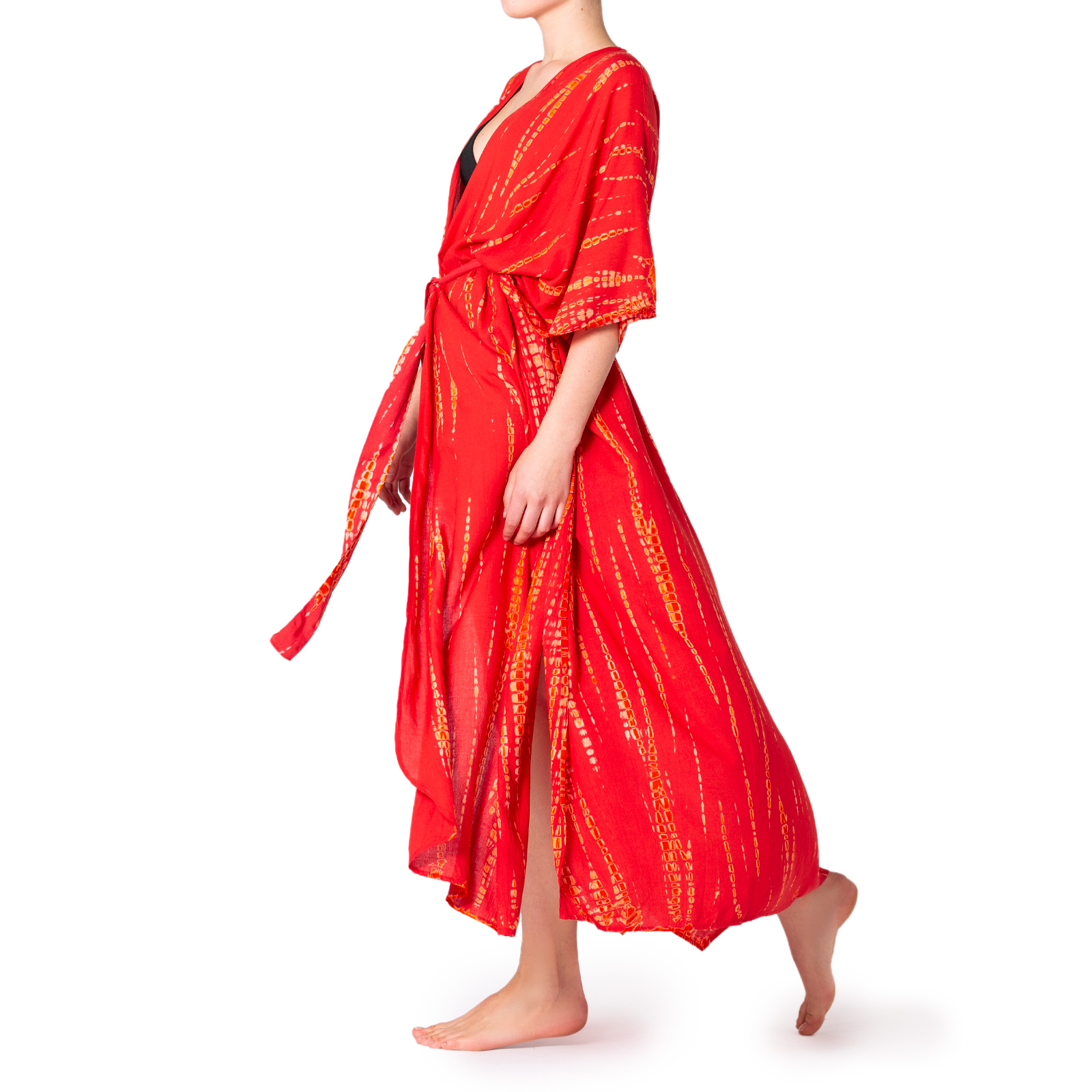 Tie-Dye Kimono in rot orange an der Seite