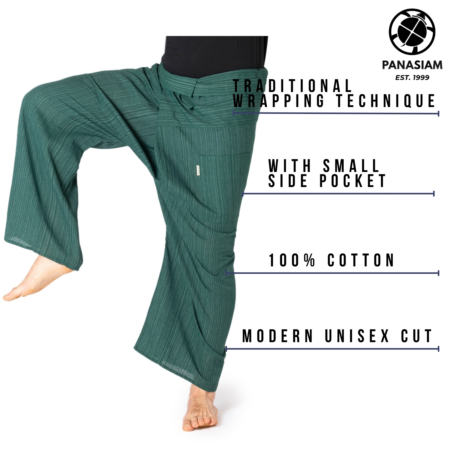 Thai Fischerhose Lini von PANASIAM in Grün: Unisex-Wickelhose aus 100 % Baumwolle mit traditioneller Wickeltechnik und kleiner Seitentasche, ideal für Yoga, Tai Chi und Meditation.