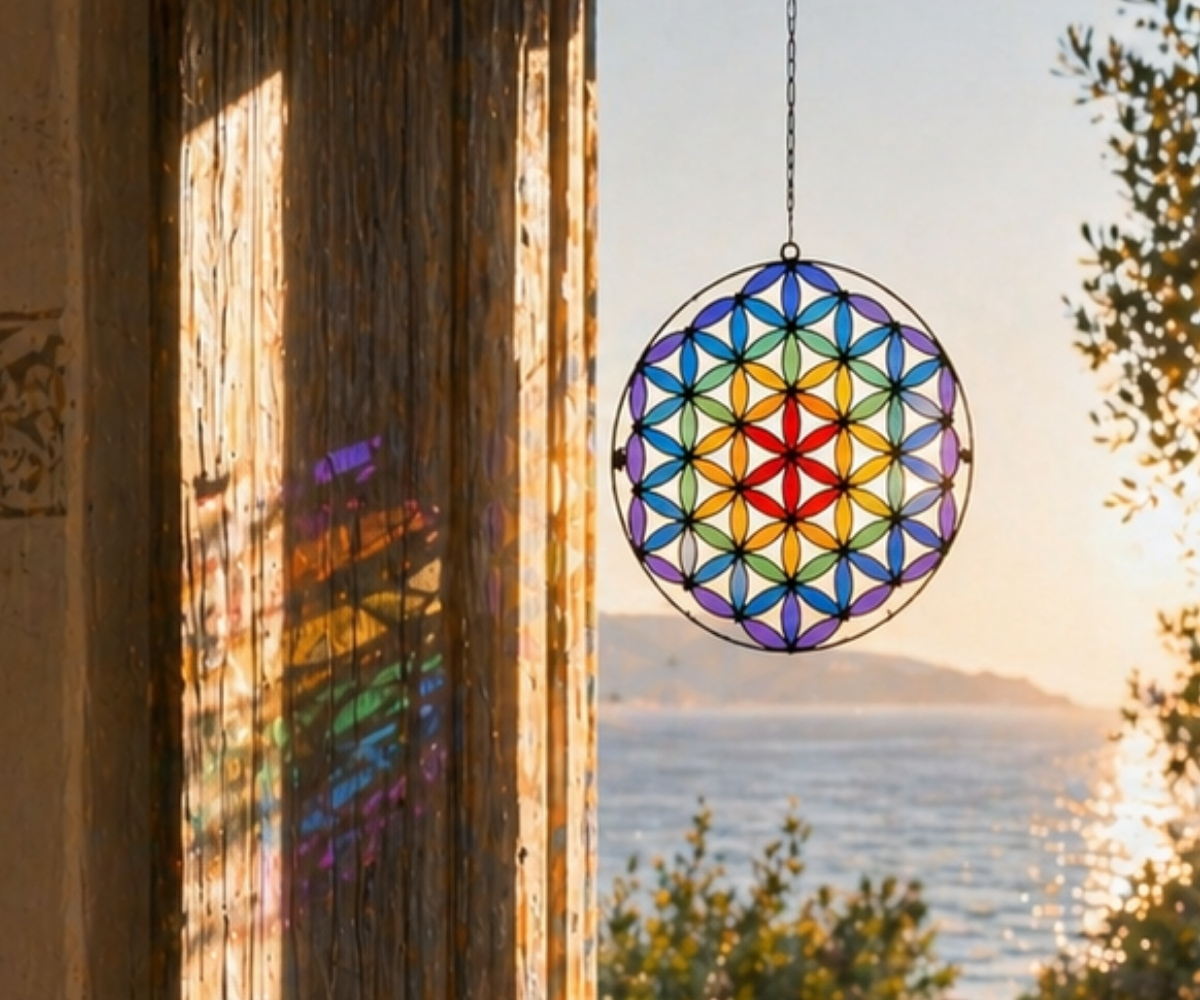 Round glass sun catcher with Flower of Life pattern at the window, casting colourful reflections at sunset by the sea