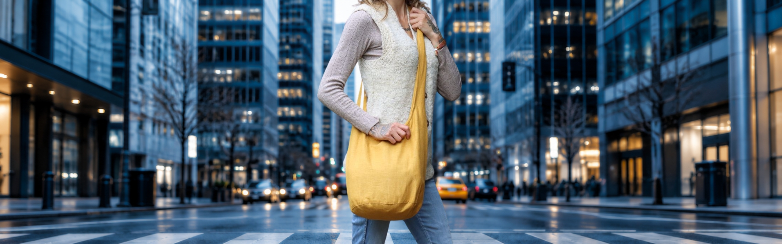 Woman carrying a yellow fabric shoulder bag in the city on a zebra crossing between modern high-rise buildings