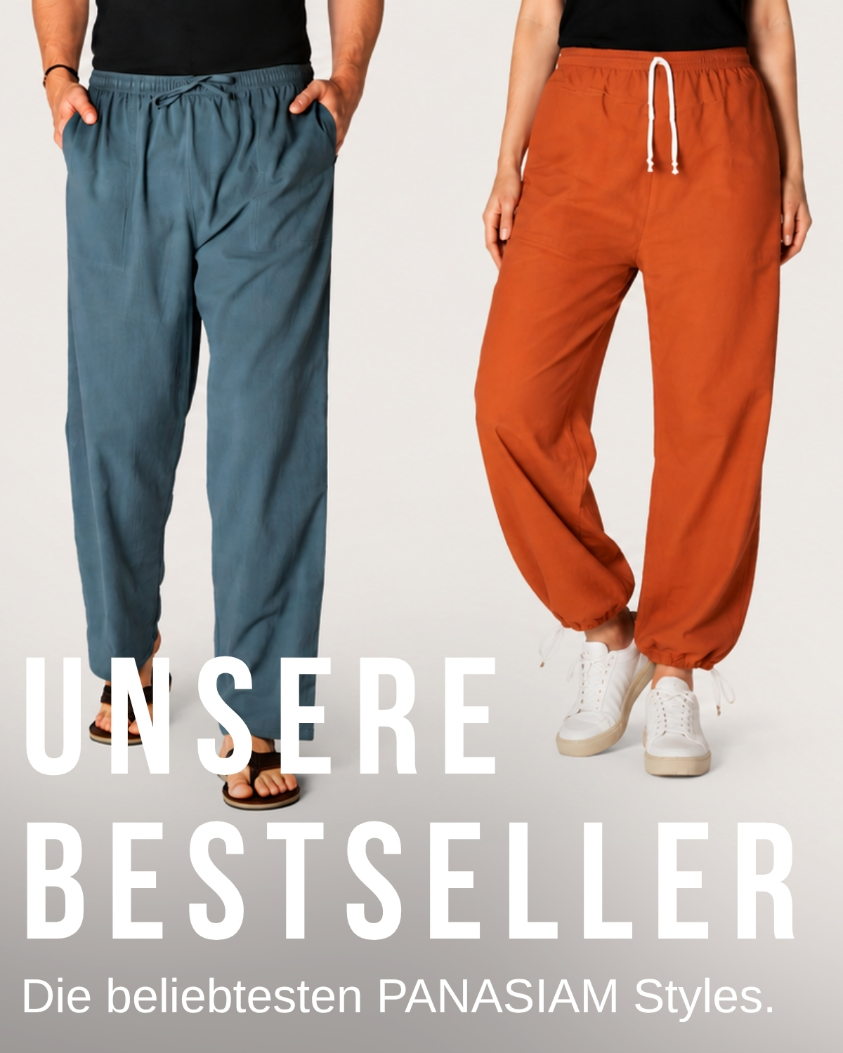 Zwei Models tragen lockere PANASIAM Hosen mit Kordelzug: links blau, rechts rostorange – Bestseller Styles