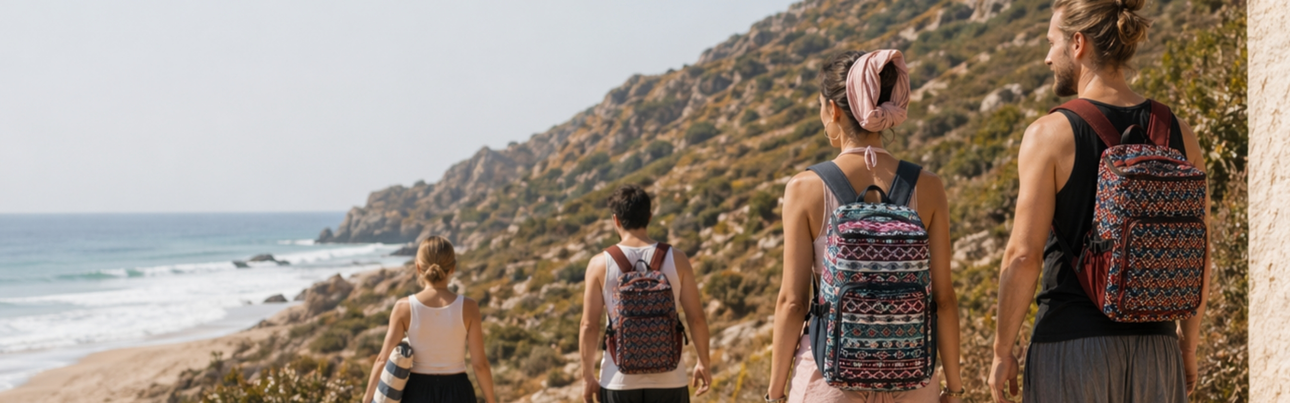 Four people with patterned leisure backpacks walking on a coastal path by the beach