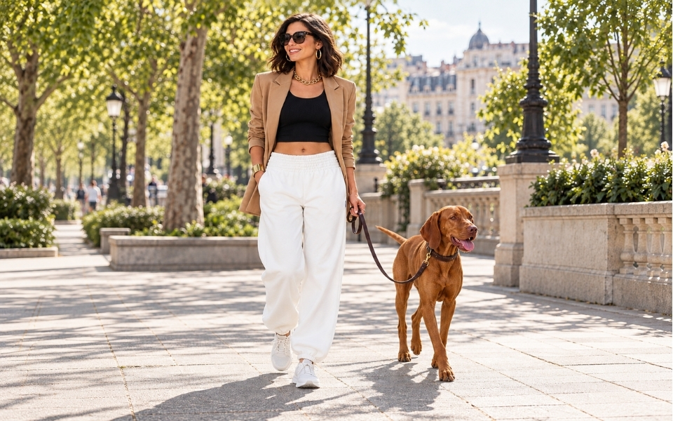 Woman wearing white women’s joggers with a crop top and blazer while walking her dog in the city