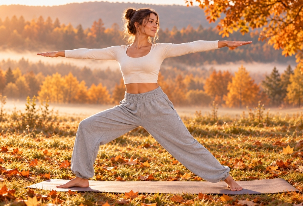 Model wearing a women’s loungewear set with a long-sleeve crop top and grey joggers in a yoga pose on a mat in an autumn park
